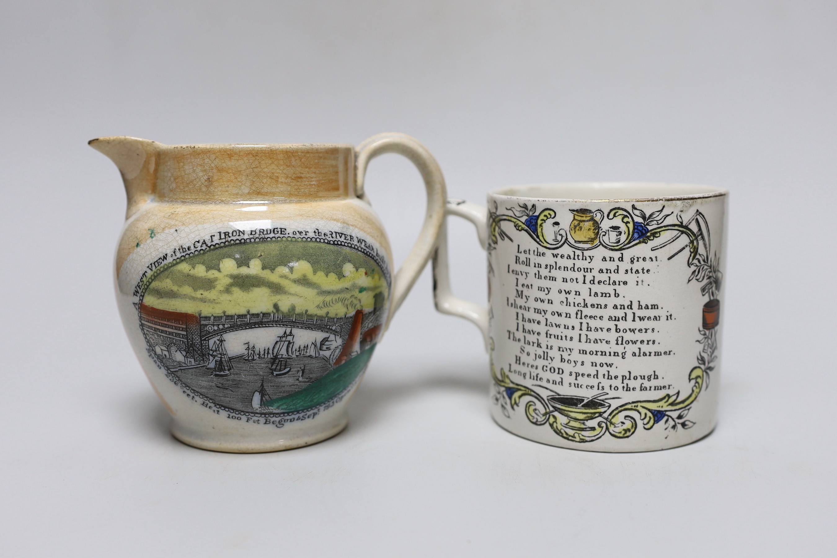 An early 19th century Sunderland jug and a Staffordshire mug, tallest 12cm